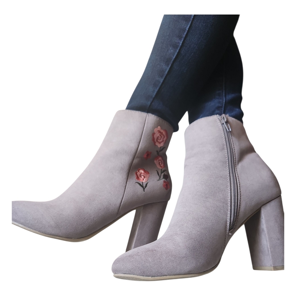 Report Gray Floral Embroidered Suede Ankle Boots Booties Women's Size 7.5 - Picture 4 of 15
